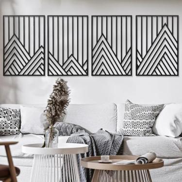 Imagem de AMAATE Conjunto de arte de parede abstrata moderna, impressões em tela preto e branco, design geométrico de 4 painéis para decoração de sala de estar (Art Deco, Black-Mountain, 45 cm x 67 cm)