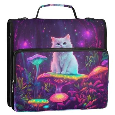 Imagem de Fichário fofo gato neon colorido cogumelo 3,8 cm, 3 anéis, anel D, fichário com zíper, alça de ombro para escola, estojo de armazenamento fofo com alça