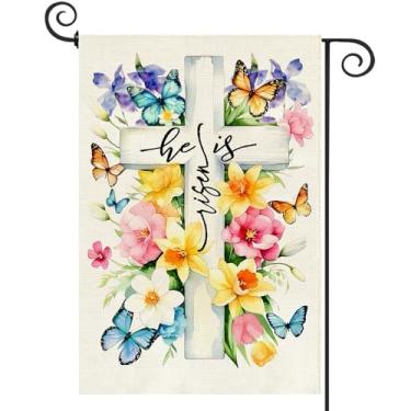 Imagem de Baccessor He is Risen Bandeira de jardim de páscoa dupla face 32,5 x 45,7 cm serapilheira, lírios religiosos da Páscoa, tulipa borboleta, cruz, bandeira cristã, jarda serapilheira, primavera, férias