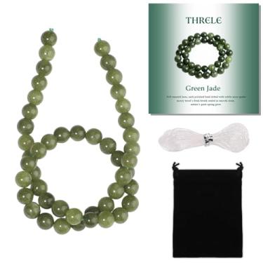 Imagem de THRELE Contas de pedra, 45 peças de jade verde, contas soltas redondas de 8 mm para fazer joias, pulseiras, com bolsa de presente, cordão elástico e cartão de tamanho