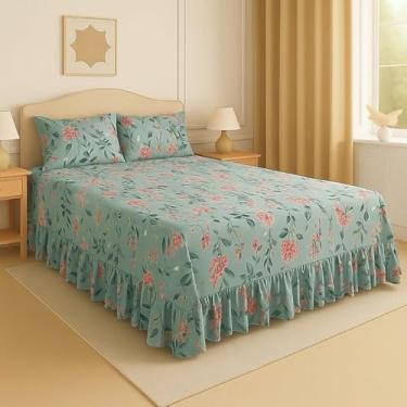 Imagem de Kit Lençol Queen 3 Peças Micropercal Toque de Algodão com Babado e Fronhas Premium (Verde- mine buquê rosado)