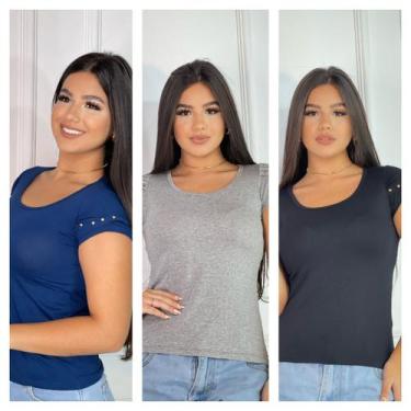 Imagem de Kit 3 blusas Femininas detalhe na Manga - GK TODA BELA, Preto, Cinza, 