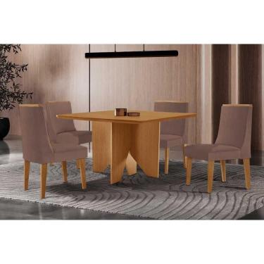 Imagem de Sala Jantar Mesa Nevada Tampo Curvo 90cm+4 Cadeiras Dakota Madeira Naturale - Capuccino/Linho Capuccino - Rufato