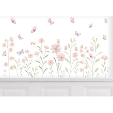 Imagem de Adesivo de Parede Infantil Flores Borboletas Jardim Rosa em Vinil Autocolante Sem Fundo (Floral -AD130,70 Adesivos)
