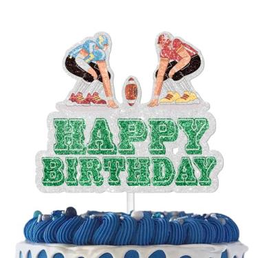 Imagem de Green Glitter Rugby Football Cake Topper Cheer to Touch Down Sport Game Theme Anniversary Party Decoration for Men Boy Happy Birthday Decor Supplies