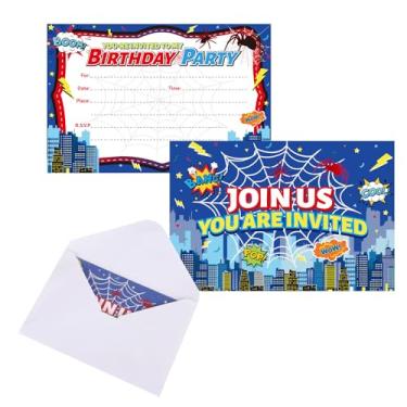 Imagem de 16 Unidades Convites Aniversário com Tema de Aranha, Cartões Presente Aniversário Personagens de Desenho Animado com 16 Envelopes Frente e Verso para Crianças Meninos e Meninas