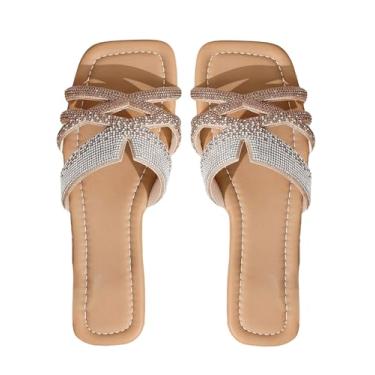 Imagem de GORGLITTER Sandálias rasteiras femininas de strass brilhantes quadradas abertas sem cadarço elegantes para casamento, Damasco, 36