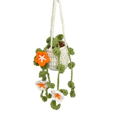 Imagem de Hshsclth Espelho retrovisor de carro de crochê feito à mão, design de planta de acrílico de malha, acessórios decorativos de carro para mulheres com difusão de óleo essencial (planta de flor de