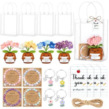 Imagem de Wavwavw 4 Set Valentines Day Teacher Appreciation Gifts Bulk Include Crochet Doll Bracelets with Cards Flower Keychains Thank You Gift Bags Tags with Hemp Rope for Teacher Supplies(Chic Style)