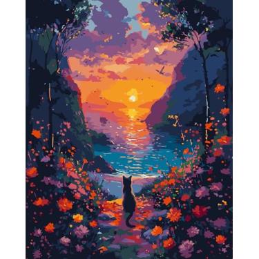 Imagem de CHWGLFGG Kit de pintura por números para adultos iniciantes, kits de pintura por números de gato do pôr do sol em tela, pintura fácil a óleo acrílico DIY por números para decoração de parede de casa