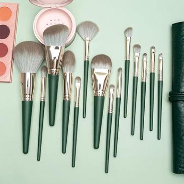 Imagem de Conjunto de 14 pincéis de maquiagem verdes com bolsa, pincéis sintéticos macios profissionais para base, pó, blush, contorno, iluminador e sombra, kit de pincéis cosméticos de virola de alumínio para