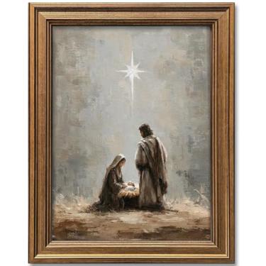 Imagem de Wemandh Arte de parede de presépio emoldurado em ouro - Impressão a óleo pintorística do nascimento da estrela brilhante de Belém Jesus, imagem cristã religiosa texturizada, decoração de parede