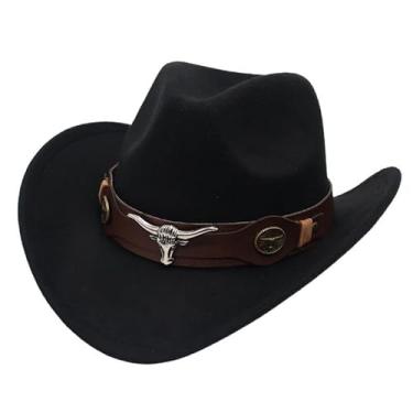 Imagem de Chapéu de caubói ocidental para mulheres, homens, modelável, de aba larga, chapéu de cowboy e cowgirl com fivela de cinto de aba larga de feltro para festa à fantasia, Preto, tamanho �nico