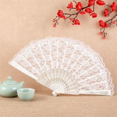 Imagem de Ventilador de renda dobrável portátil - Decoração chinesa vintage leque bordado para casamento, fantasia melindrosa dos anos 20, dança, chá e chá de panela, branco