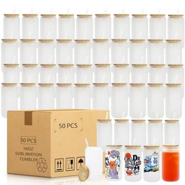 Imagem de AGH Copos de vidro de sublimação com tampas de bambu e canudos de plástico, 473 ml em branco fosco latas de cerveja copos em forma de latas de cerveja para gelo, café, suco, uísque, refrigerante