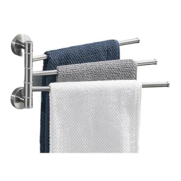 Imagem de KHUTRW3D Toalheiro de banheiro para banheiro, suporte giratório para toalha com 3 toalheiros, toalheiro de aço inoxidável com economia de espaço, suporte de toalha de chuveiro sem perfuração