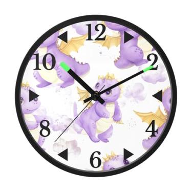 Imagem de STAYTOP Relógio de parede de LED de dinossauro roxo para quarto com brilho noturno, relógios de parede silenciosos de 30 cm para decoração de sala de estar, controle de som, relógio de parede moderno