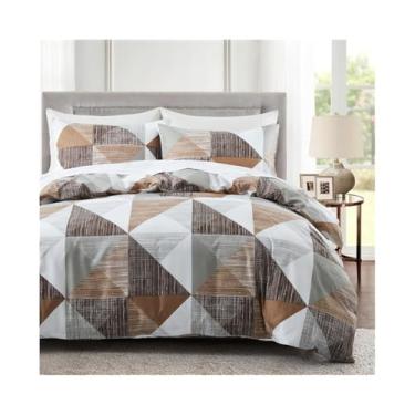 Imagem de x3anggyt5 Conjunto de capa de edredom geométrico moderno de 2/3 peças, macio e amigo da pele, estampa de triângulo marrom (solteiro na UE (135 x 200 cm))