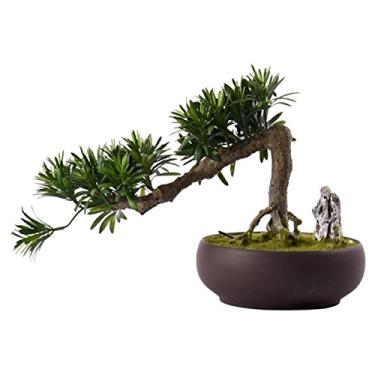 Imagem de Bonsai de simulação criativa de plantas falsas, pequenas plantas artificiais de bonsai com vasos de cerâmica, decoração de bonsai feito à mão para decoração de escritório em casa
