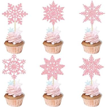 Imagem de Gyufise 36Pcs Snowflake Cupcake Toppers Glitter Frozen Cupcake Picks Snowflake Cake Decorations for Winter Wonderland Frozen Theme Baby Shower Birthday Christmas Party Supplies Pink