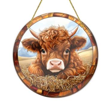 Imagem de Vextrovia Motivos rústicos de palheiro, arte de parede de vaca highland vitral, acrílico inquebrável, pendurar circular para cozinhas de fazenda, sem danos às paredes, presentes para amantes de