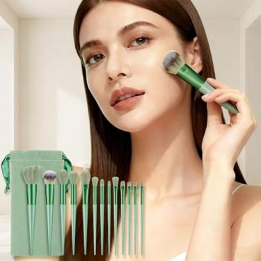 Imagem de Conjunto de pincéis de maquiagem de cerdas de dois tons com alças e bolsa de ouro rosa, kit de pincéis cosméticos profissionais para base, contorno, sombra (verde)