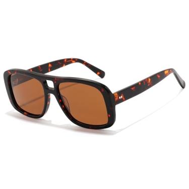 Imagem de Jolafull JS2505 Óculos de sol masculino retangular aviador polarizado acetato ponte dupla, Tartaruga brasa/lente marrom polarizada, 54-17-145