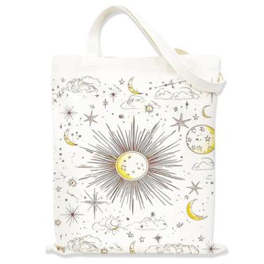 Imagem de Sacola minimalista estética de sol e lua para mulheres e meninas, bolsas de tecido com alças, sacola temática de fantasia, sacolas fofas para mulheres, bolsa de compras reutilizável para viagens