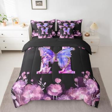 Imagem de jejeloiu Conjunto de edredom infantil com borboleta, tamanho solteiro, monograma, 7 peças, letra H, estampa floral para todas as estações, preto e roxo
