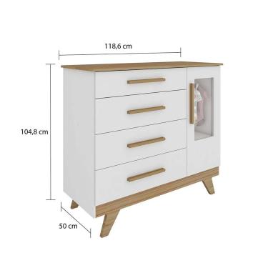 Imagem de Quarto Infantil Retrô Berço Cama, Cômoda 4 Gavetas E Roupeiro 4 Portas Com Janela Branco/carvalho