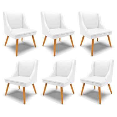 Imagem de Kit 6 Cadeiras Decorativas Sala De Jantar Pés Palito De Madeira Firenze Pu Branco Fosco/natural G19 - Gran Belo