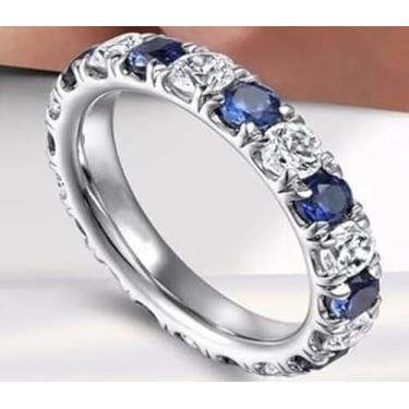 Imagem de Anéis de noivado de zircônia cúbica azul banhados a prata para mulheres, alianças de casamento para casais, presentes de festa, 9, Liga de aço, Zircônia cúbica