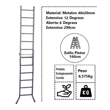 Imagem de Escada Extensiva 3 Em 1 Metalon 40x20mm 6 E 12 Degraus 160cm