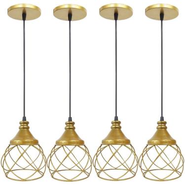 Imagem de 4 Pendente Aramado E s f e r a B a l o n ê Dourado Lustre Luminária Teto Regulável Sala Cozinha Industrial Agp