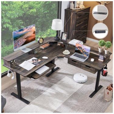 Imagem de Mesa Gamer em L Elétrica RedLemon Carvalho Rústico Escuro 152 cm com Altura Ajustável, Gavetas, Bandeja Teclado, Tomadas e Luzes LED