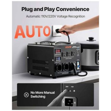 Imagem de Transformador (Conversor)de Voltagem Automático VEVOR 3000VA Elevação/Redução 110V para 220V/220V para 110V 3 US 3 EU LCD Disjuntor
