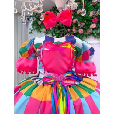 Imagem de Vestido Junino Infantil Marie Xadrez Multicolorido Babados e Mangas Bu