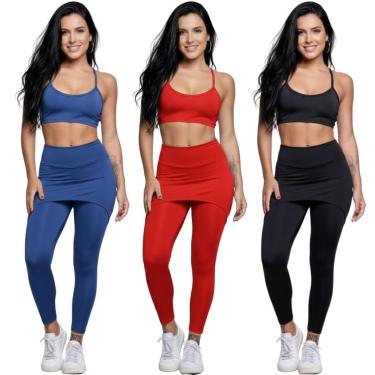 Imagem de KIT 3 Conjunto Top Alça Fina E Calça Saia Suplex Bella Fiore Roupa Para Academia Fitnes...