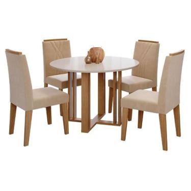 Imagem de Mesa de Jantar Tampo de Vidro Off White Flora Redonda e 4 Cadeiras Nic