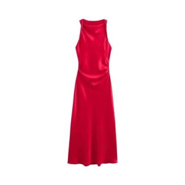 Imagem de Vestido Midi Elegante De Cetim Sem Mangas Com Decote Drapeado Para Mul