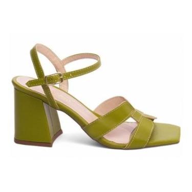 Imagem de Sandália Feminina Salto Grosso Méido Alto 7cm Verão Napa e Solado Antiderrapante Verde-...