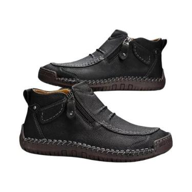 Imagem de Tênis De Couro Artesanal Masculino Com Zíper, Botas Casuais Planas Par