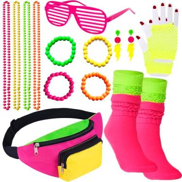 Imagem de YAROMO Acessórios femininos dos anos 80, kits de fantasia hip hop dos anos 80, inclui bolsa de cintura ajustável, pulseira, brincos, óculos, luvas, colar para festa neon dos anos 80 e 90