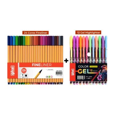 Imagem de Kit de Canetas Coloridas Ponta Fina e Gel Highlighter Oem Glizi Traço 0,4mm 24 Fineliner e 12 Gel
