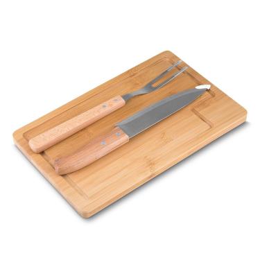 Imagem de Kit para Churrasco BBQ Easy com Faca, Garfo e Tábua de Madeira para Corte de Carnes em Aço Inox Amadeirado