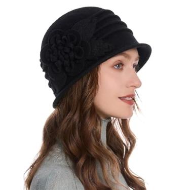 Imagem de ZLYC Chapéu feminino de lã Cloche Bucket Hat Anos 20 Vintage Vestido de Inverno com Detalhe de Flor, Preto liso, Tamanho Único