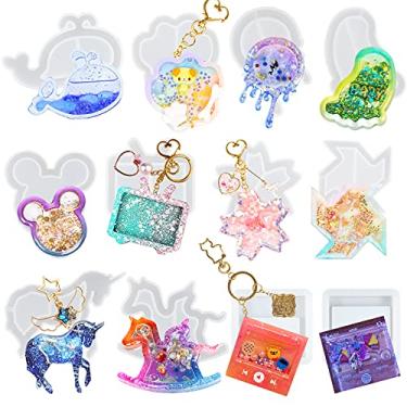 Imagem de Conjunto de moldes de silicone epóxi Shaker cabeça de mouse, flor, pegada, golfinho, moinho de vento, unicórnio, pata de urso, TV, cavalo de balanço, círculo drippy, media players 12 unidades