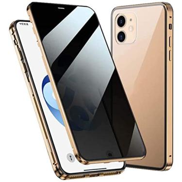 Imagem de HAODEE Capa de telefone flip magnética anti-peep, capa de vidro temperado de dupla face para Apple iPhone 12 (2020) 6,1 polegadas, amortecedor de metal (cor: ouro)