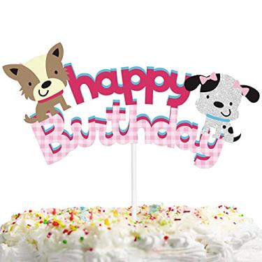 Imagem de Rosa Glitter Cachorro Feliz Aniversário Topo de Bolo Tema de Adoção de Animais de Estimação Suprimentos de Decoração Chá de Bebê Meninos Meninas Decorações de Festa de Aniversário