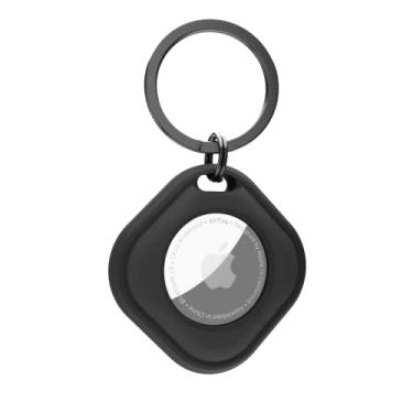 Imagem de Elkson Suporte de etiqueta de ar para Apple AirTag, estojo de chaveiro AirTags com chaveiro de aço inoxidável, capa protetora para Airtag, suportes para coleiras de cães, chaves de carro, mochilas, série quadrada, preto 1 peça